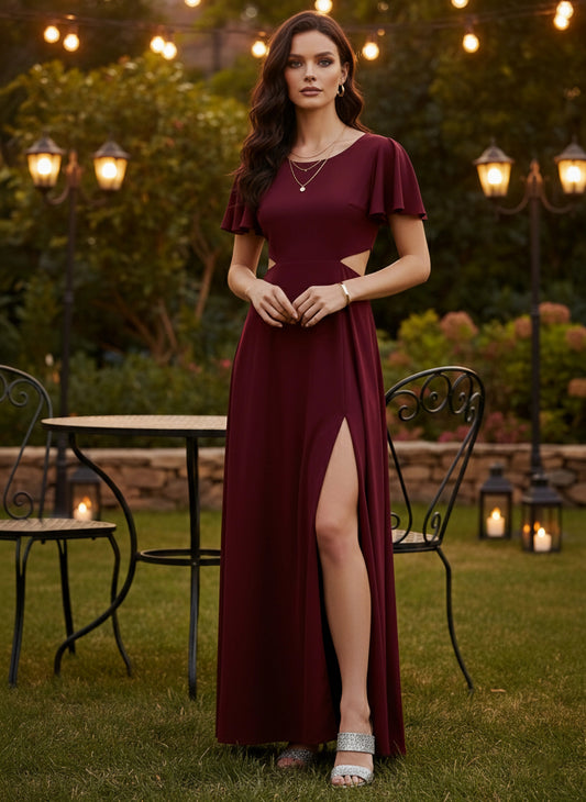 Berrylush Women Solid Maroon Round Neck Cutout Crepe Thigh-High Slit Fit & Flare Maxi Dress