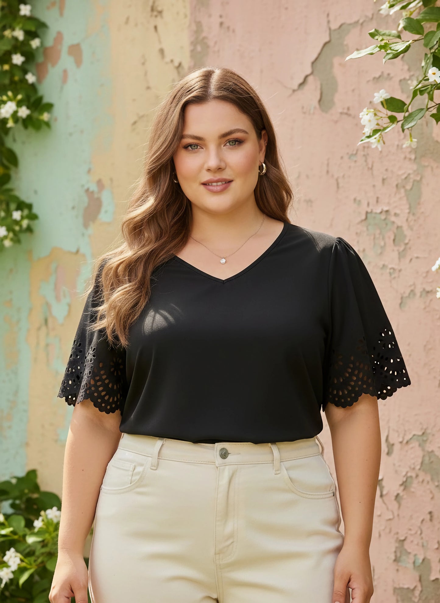 Curve Solid Black V-Neck Short Cutout Sleeves Regular Top