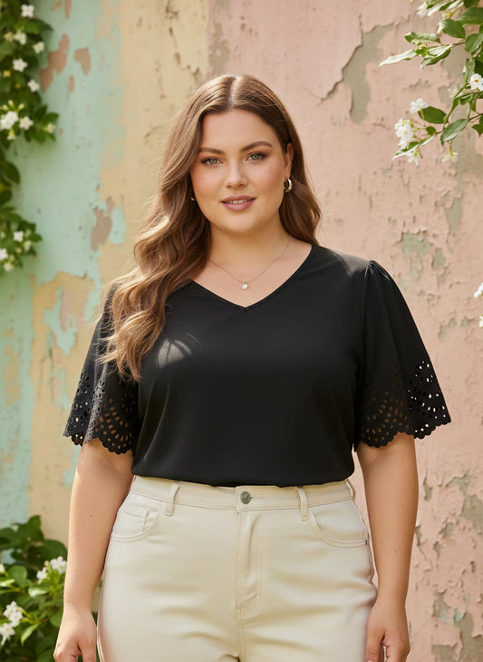Curve Solid Black V-Neck Short Cutout Sleeves Regular Top