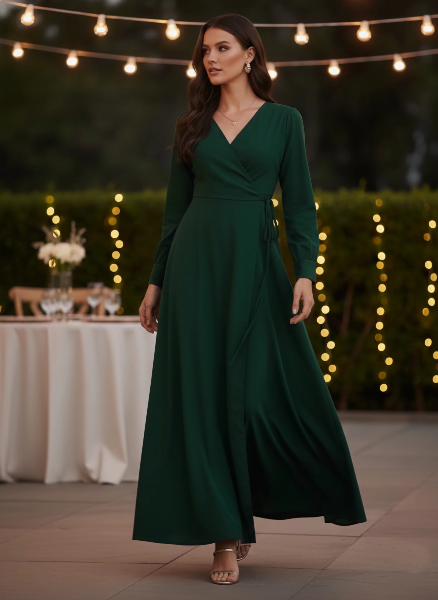 Berrylush Women Solid Dark Green V-Neck Tie-Up Wrap Maxi Dress