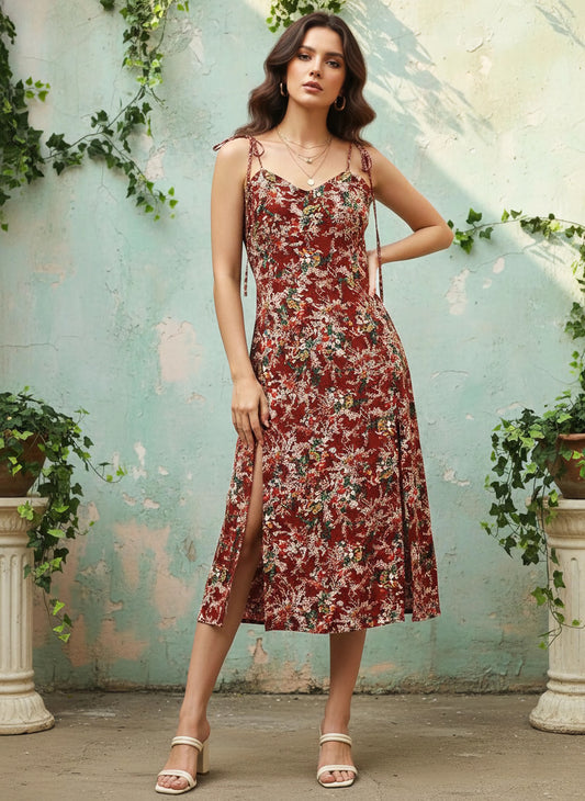 Berrylush Women Maroon Floral Printed Sweetheart Neck Tie-Up Strap Fit & Flare Midi Dress