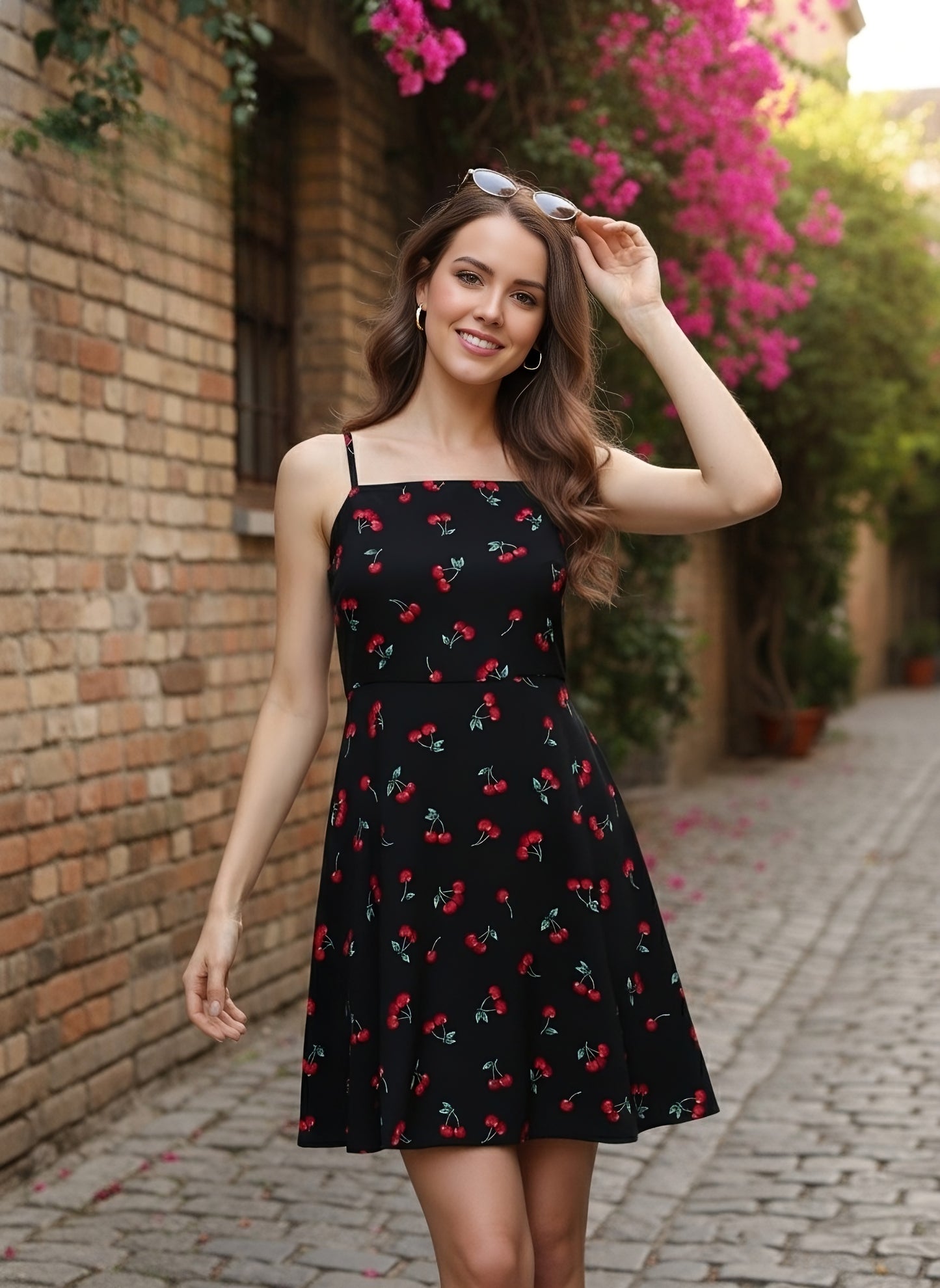Berrylush Women Black & Red Cherry Printed Square Neck Crepe Flared A-Line Mini Dress