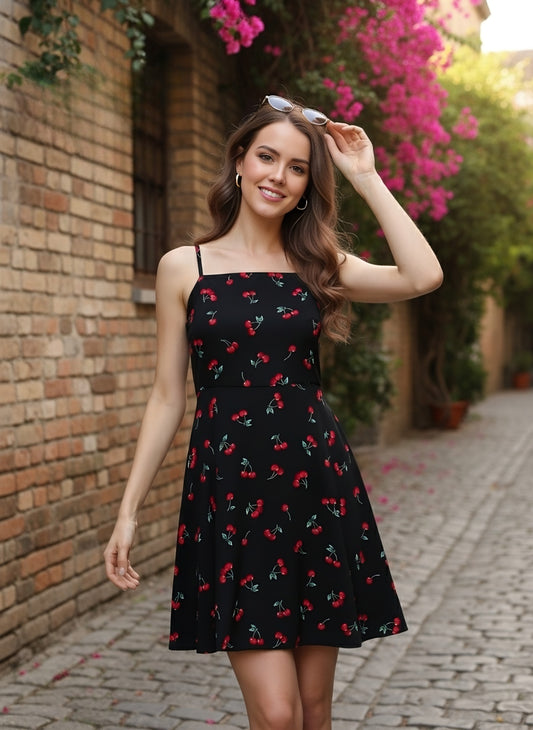 Berrylush Women Black & Red Cherry Printed Square Neck Crepe Flared A-Line Mini Dress