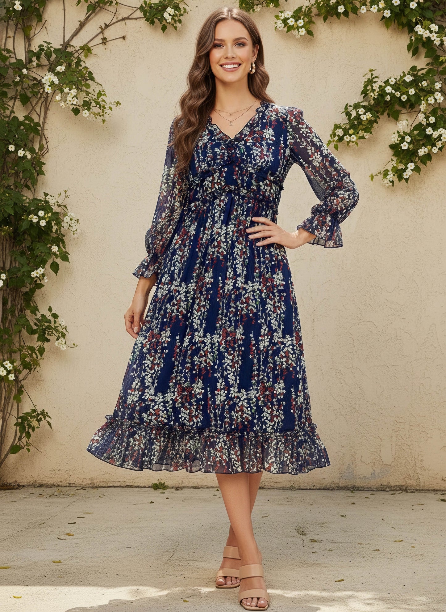 Navy Blue, White, & Red Floral Printed V-Neck Bishop Sleeves Chiffon Flounce Hem Ruffled A-Line Midi Dress