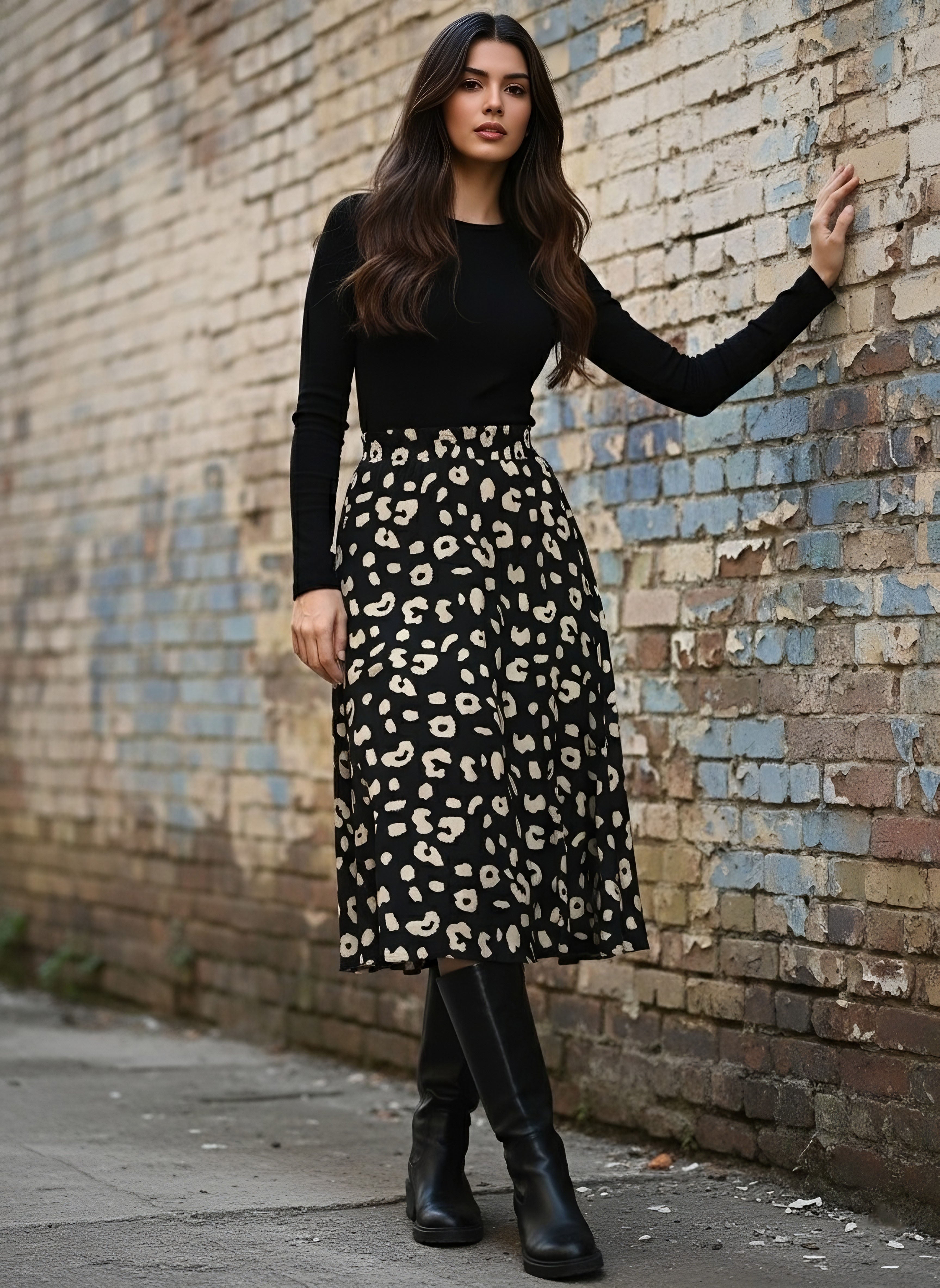 Berrylush Women Black & Cream Animal Printed Crepe Flared A-Line Midi