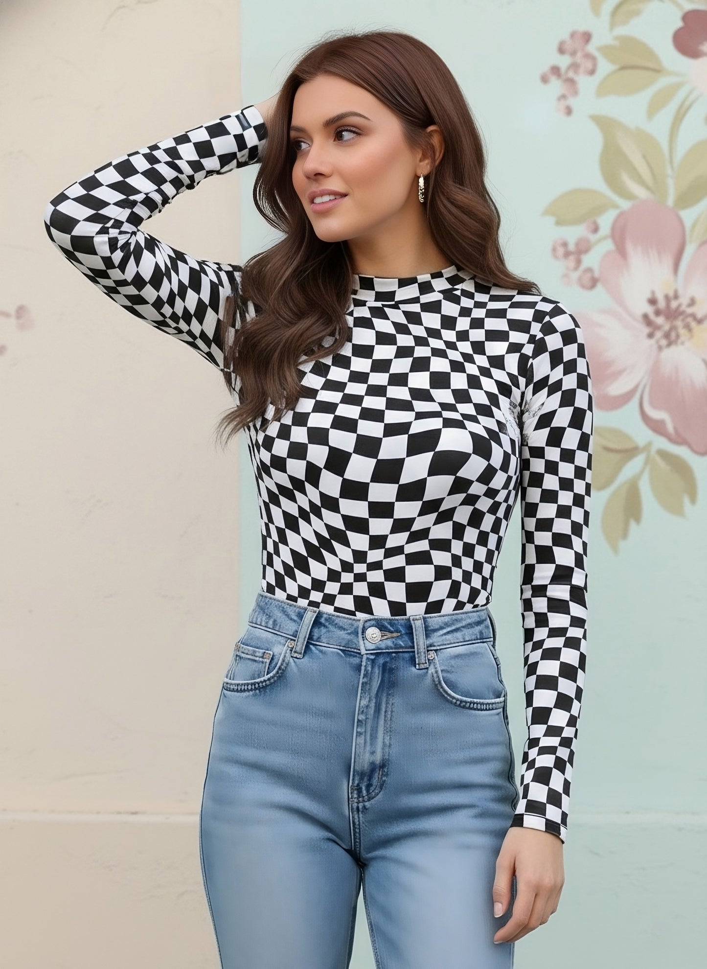 Berrylush Women White & Black Checked Pattern High Neck Slim-Fit Knitted Regular T-Shirt