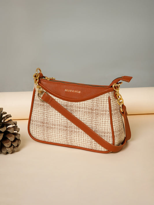 Berrylush Women Cream Checked One Handle Smart Casual Regular Shoulder Bag