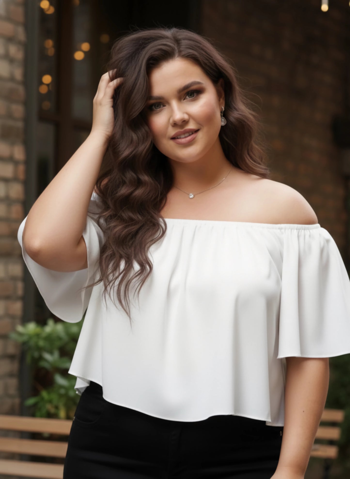 Berrylush Women Plus Size Solid White Off-Shoulder Neck Crepe Ruffled Bardot Crop Top