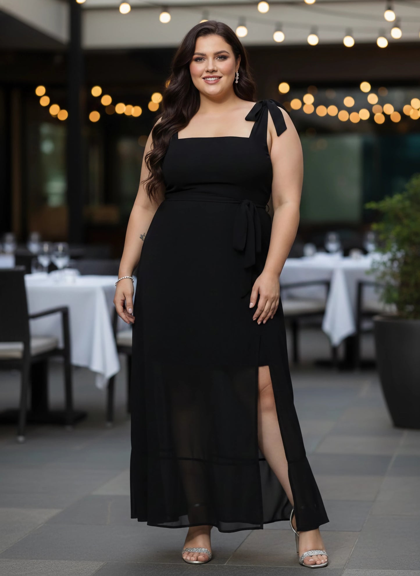 Berrylush Women Plus Size Solid Black Square Neck Waist Tie-Up Georgette Thigh-High Slit Flared A-Line Maxi Dress