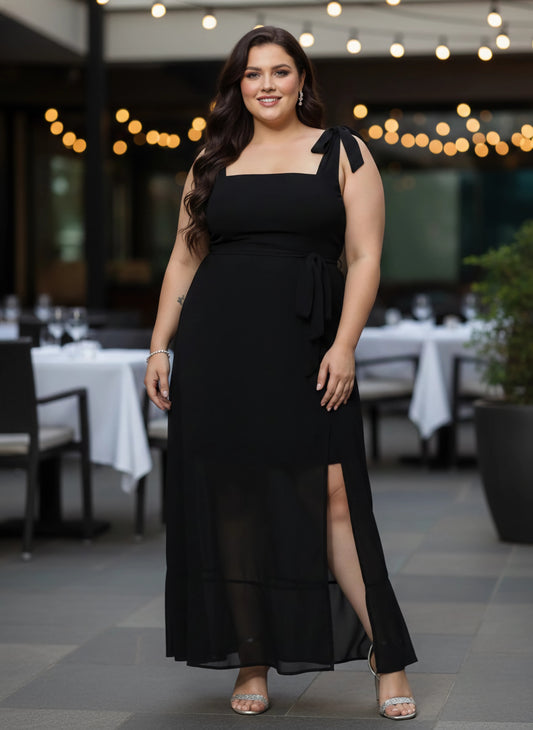 Berrylush Women Plus Size Solid Black Square Neck Waist Tie-Up Georgette Thigh-High Slit Flared A-Line Maxi Dress