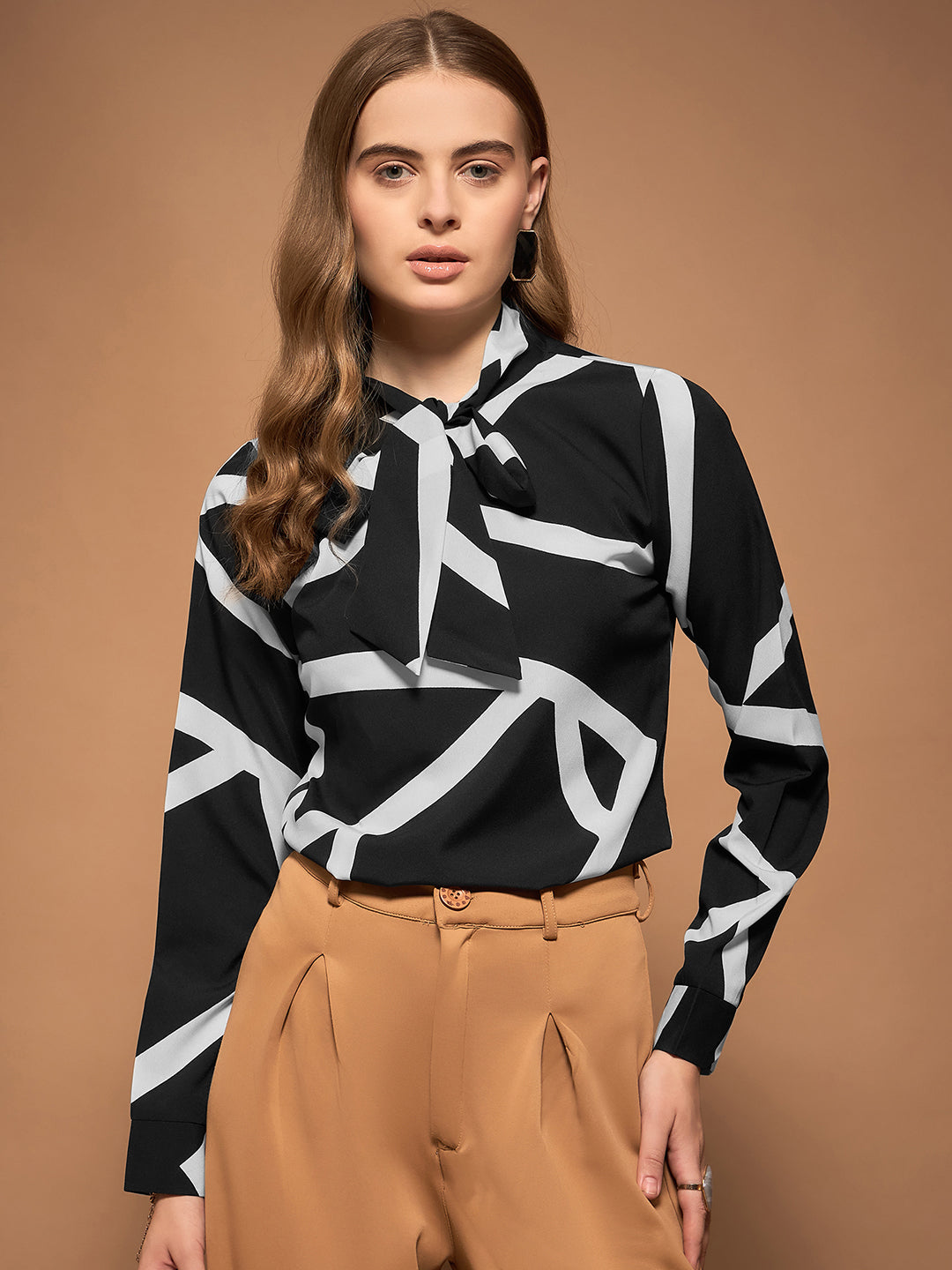 Berrylush BIZwear Women Black & White Geometric Printed Tie-Up Neck Long Sleeves Regular Top
