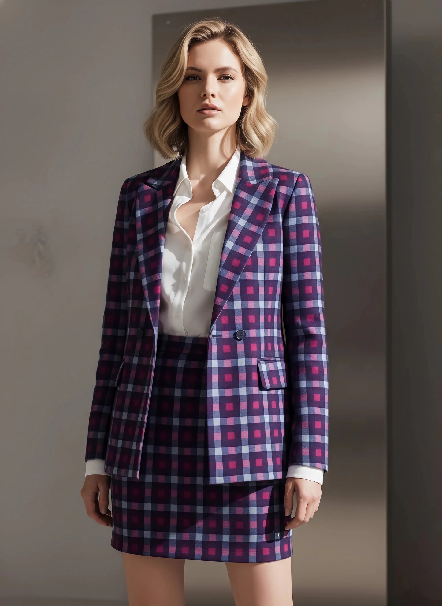 Berrylush BIZwear Women Multicolour Notched Collar Neck Double Breasted Regular Blazer & Slip-On Mini Skirt Co-Ord Set