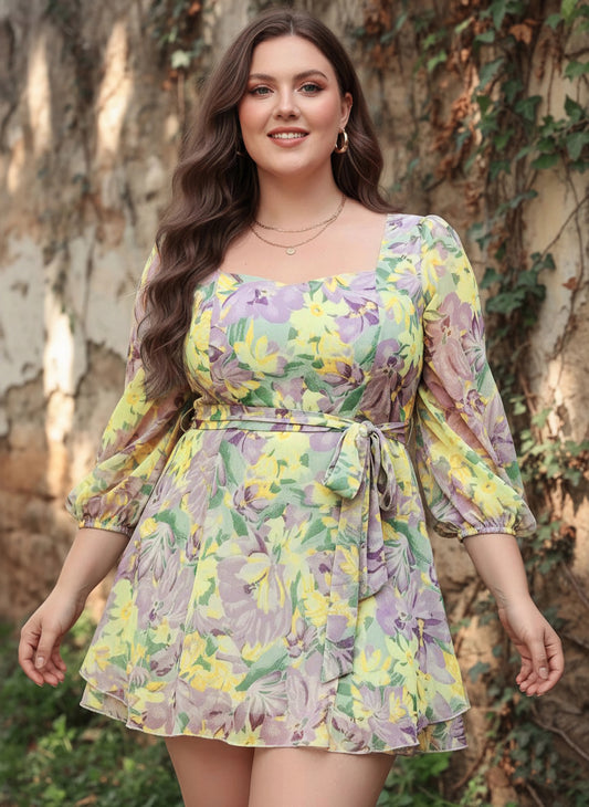 Berrylush Women Plus Size Purple & Yellow Floral Printed Sweetheart Neck Tie-Up Waist Layered Mini Jumpsuit