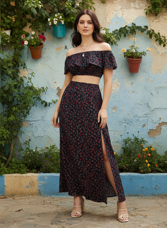 Berrylush Women Navy Blue Floral Off-Shoulder Co-Ordinate Maxi Dress