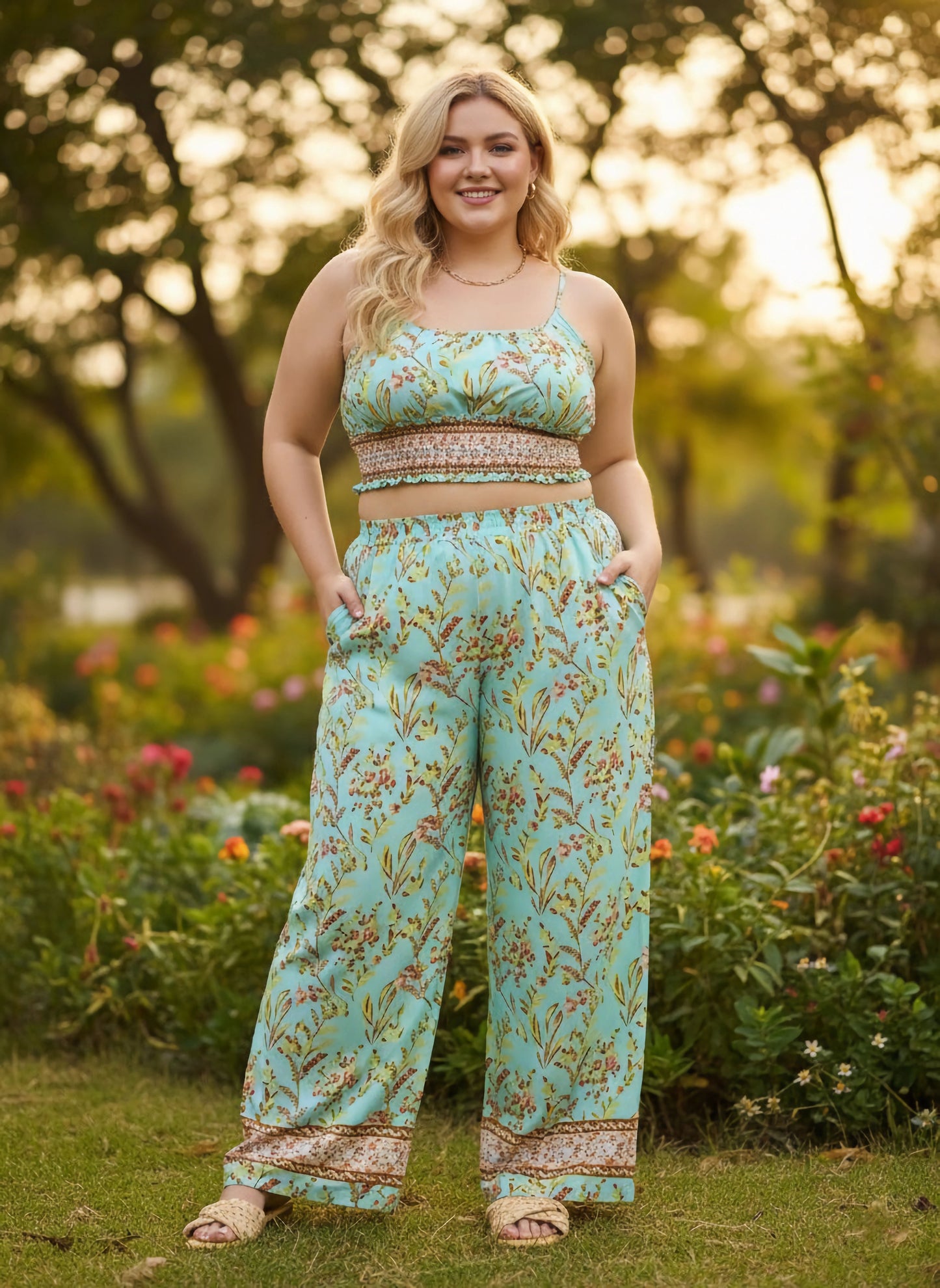 Berrylush Curve Women Green Floral Printed Square Neck Sleeveless Smocked Crop Top & Elastic Waist Two-Pockets Slip-On Maxi Trousers Co-Ord Set