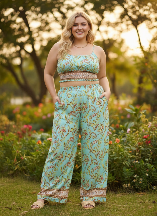 Berrylush Curve Women Green Floral Printed Square Neck Sleeveless Smocked Crop Top & Elastic Waist Two-Pockets Slip-On Maxi Trousers Co-Ord Set
