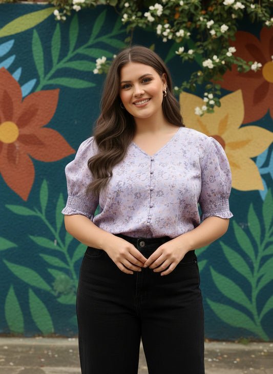 Plus Size Purple Floral Printed V-Neck Puff Sleeves Button-Up Crepe Smocked Regular Top
