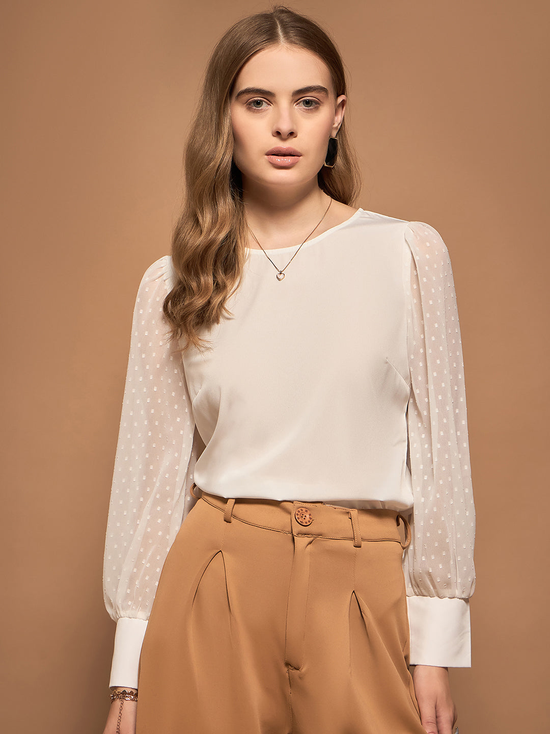 Berrylush BIZwear Women Solid White Dobby Weave Round Neck Long Sleeves Back Keyhole Button-Up Regular Top