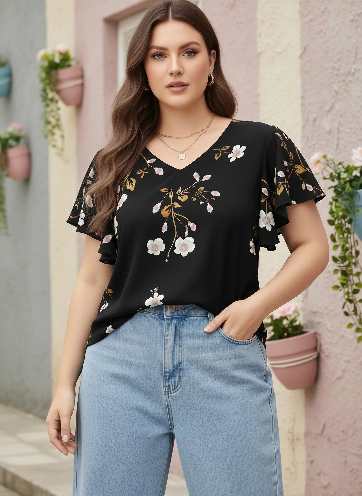 Berrylush Women Plus Size Black & White Floral Printed V-Neck Flutter Sleeve Crepe Ruffled Regular Top