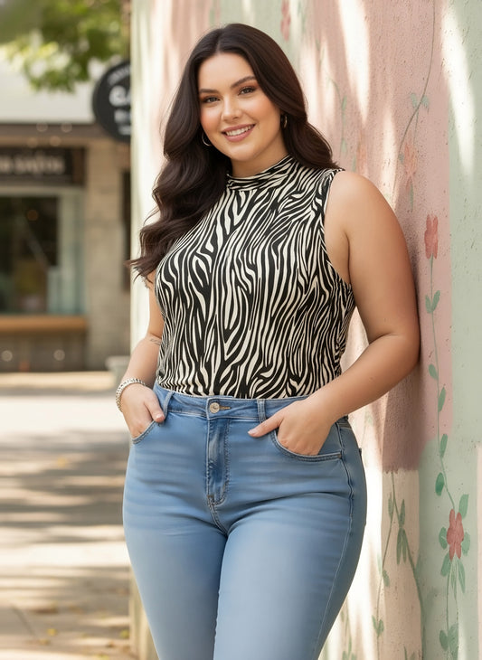 Berrylush Curve Women Zebra Striped Sleeveless Regular Top