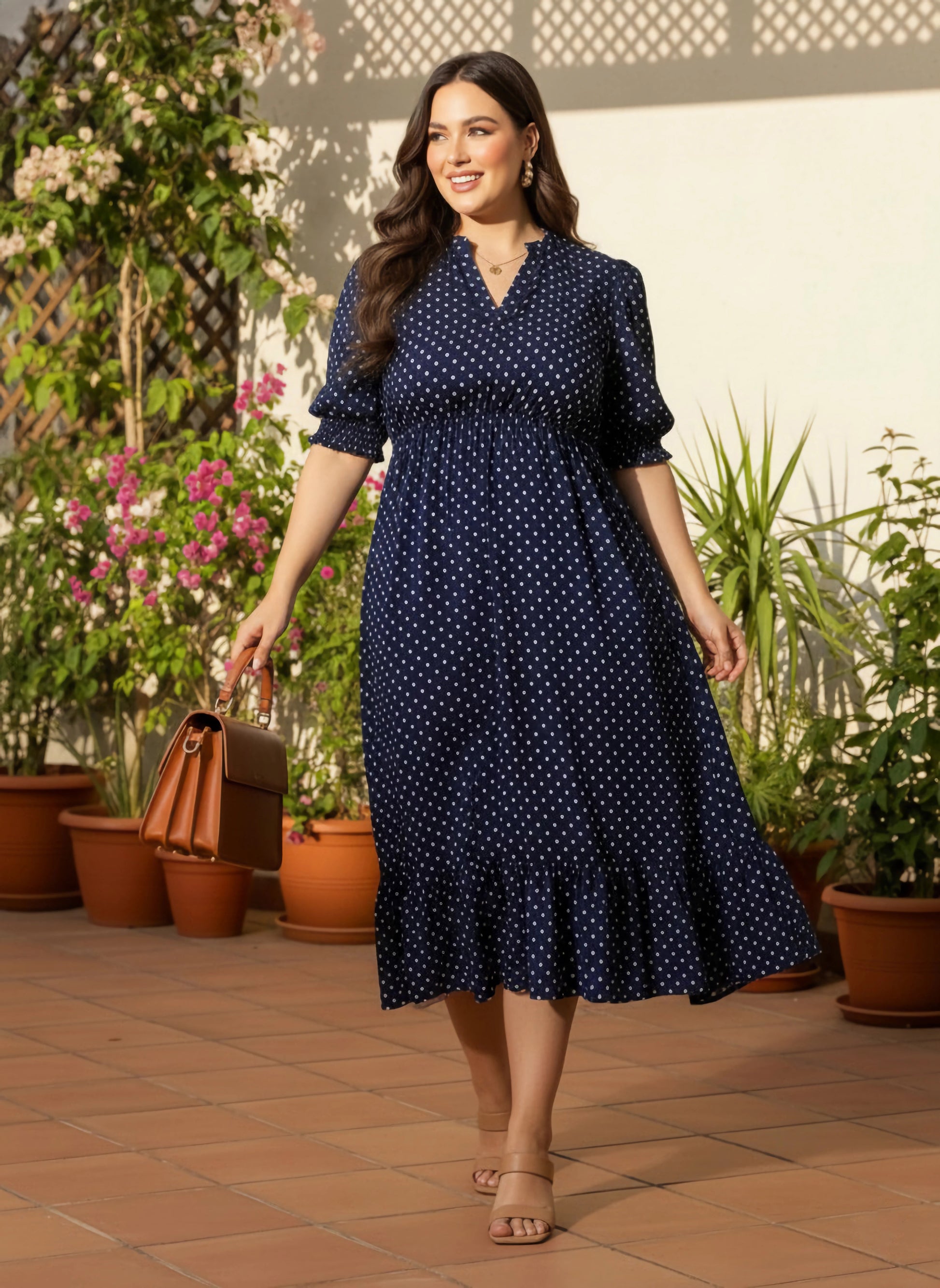 Women Navy Blue & White Polka Dot Printed Mandarin Collar Neck Crepe Pleated Fit & Flare Midi Dress - Berrylush Curve Women Navy Blue & White Polka Dot Printed Mandarin Collar Neck Crepe Pleated Fit & Flare Midi Dress - Berrylush Curve