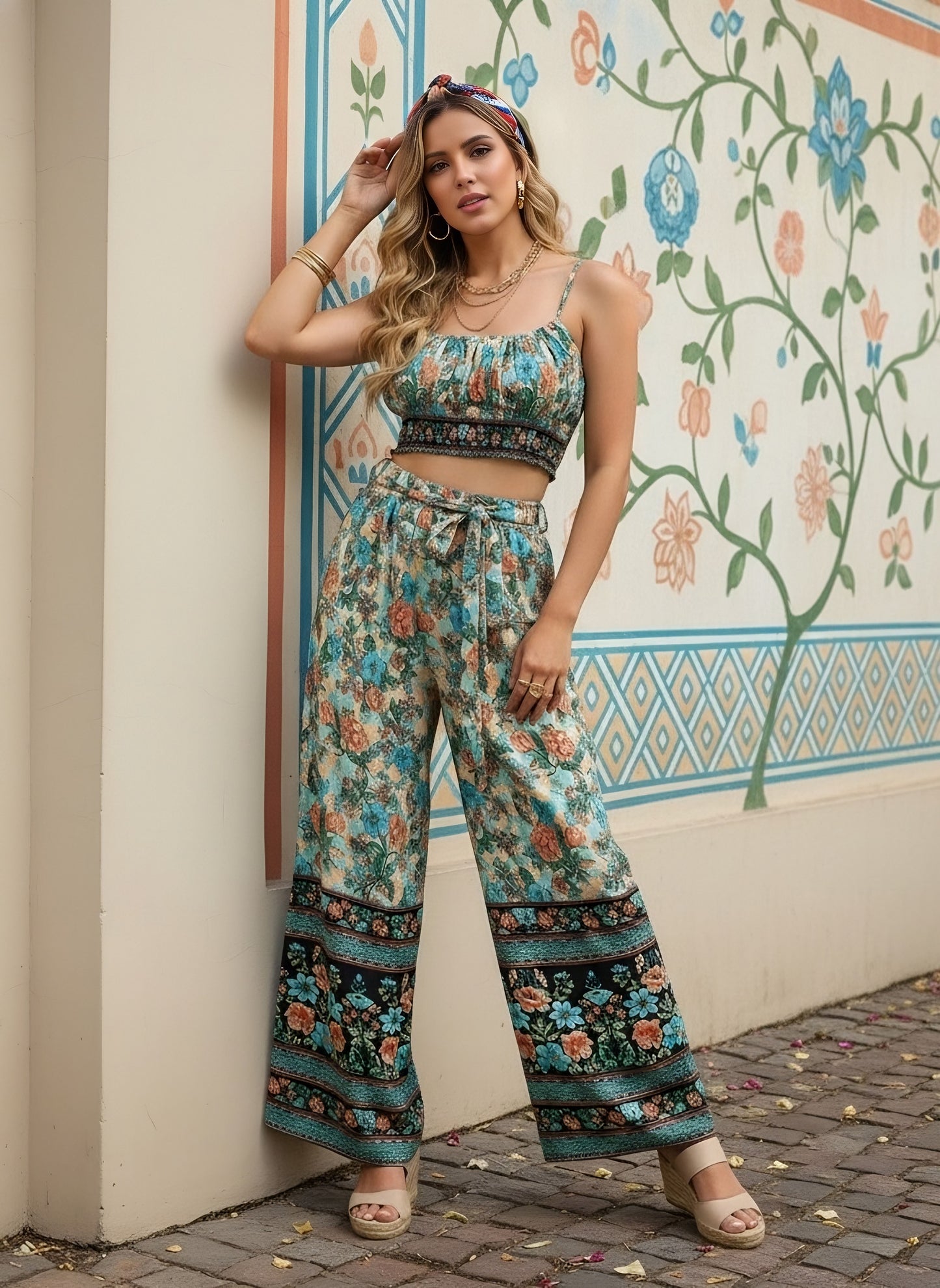 Berrylush Women Multicolour Floral Printed Round Neck Waist Tie-Up Crop Top & Wide-Leg Trousers Set