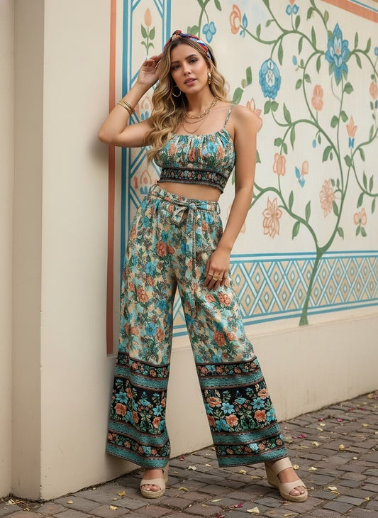 Berrylush Women Multicolour Floral Printed Round Neck Waist Tie-Up Crop Top & Wide-Leg Trousers Set