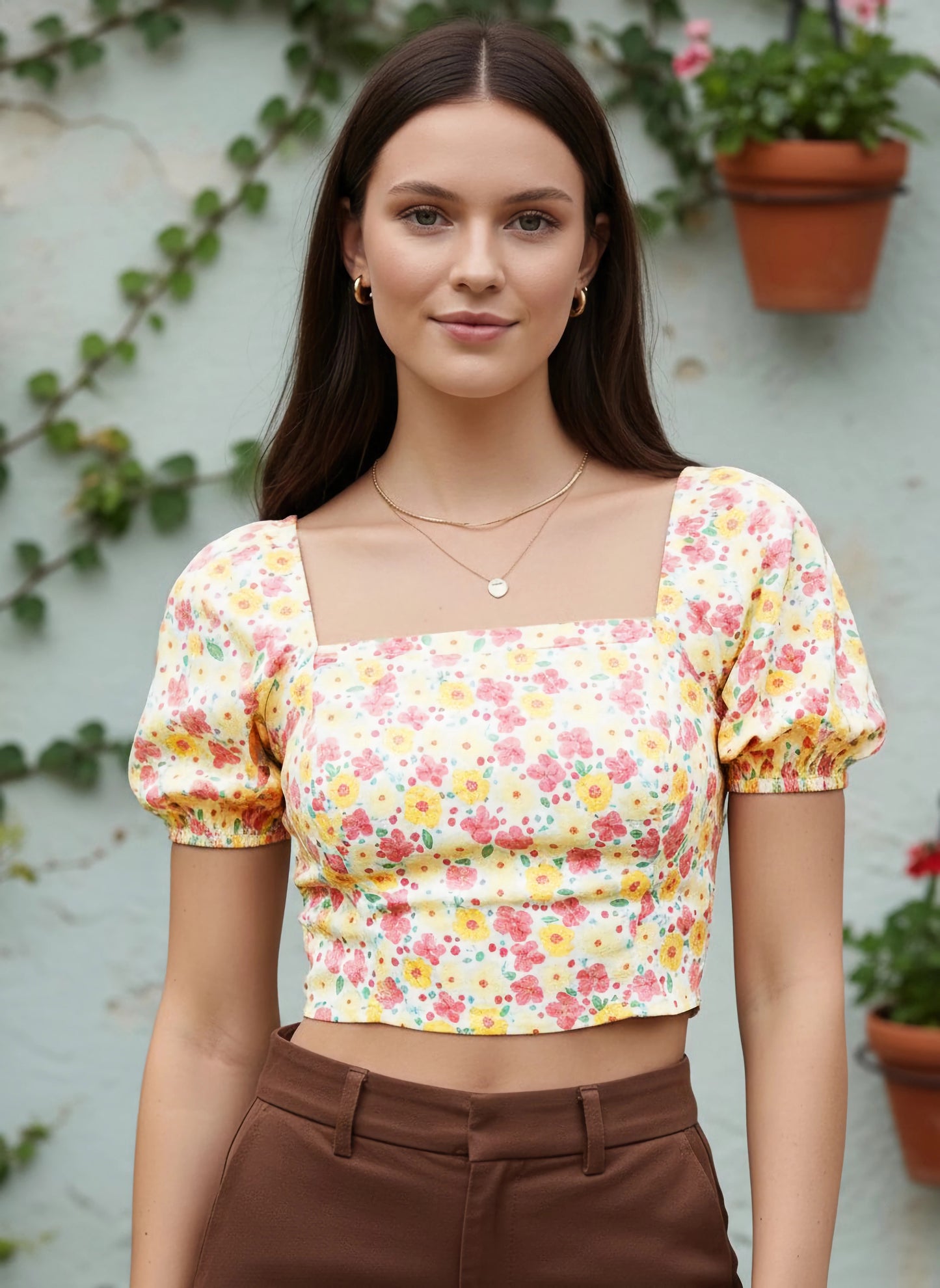 Berrylush Women White & Pink Floral Printed Square Neck Crepe Cropped Top