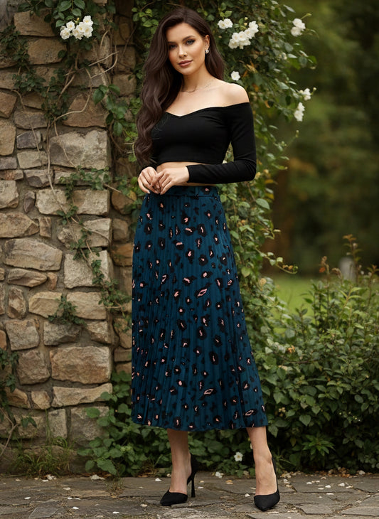 Blue & Orange Animal Printed Elastic Waist Slip-On Accordion Pleated A-Line Midi Skirt