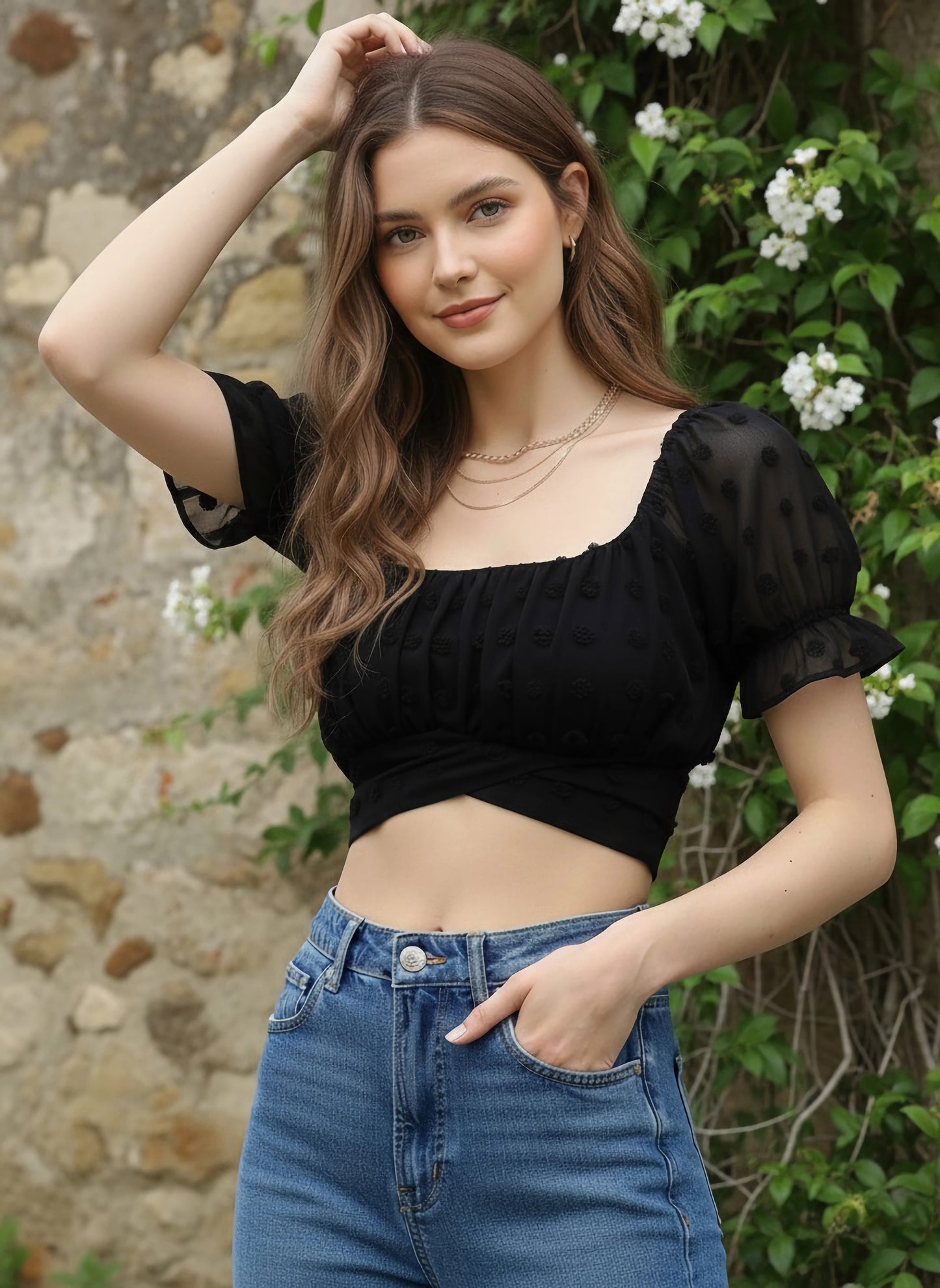 Berrylush Women Solid Black Polka Dot Dobby Weave Square Neck Jacquard Styled Back Crop Top