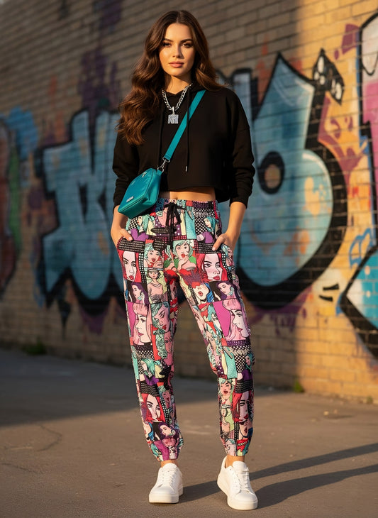 Berrylush Women Multicolour Graphic Printed High-Rise Waist Flat-Front Pleat Slip-On Knitted Regular Trousers