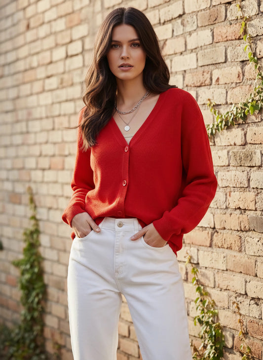 Berrylush Women Solid Red V-Neck Drop-Shoulder Sleeves Button-Up Ribbed Hem Regular Cardigan