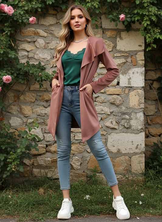 Berrylush Women Solid Brown Shawl Collar Neck Tie-Up Waist Wrap Coat