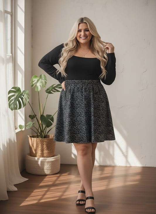 Berrylush Curve Women Black & White Ditsy Floral Printed Square Neck Long Sleeves Flared A-Line Mini Dress