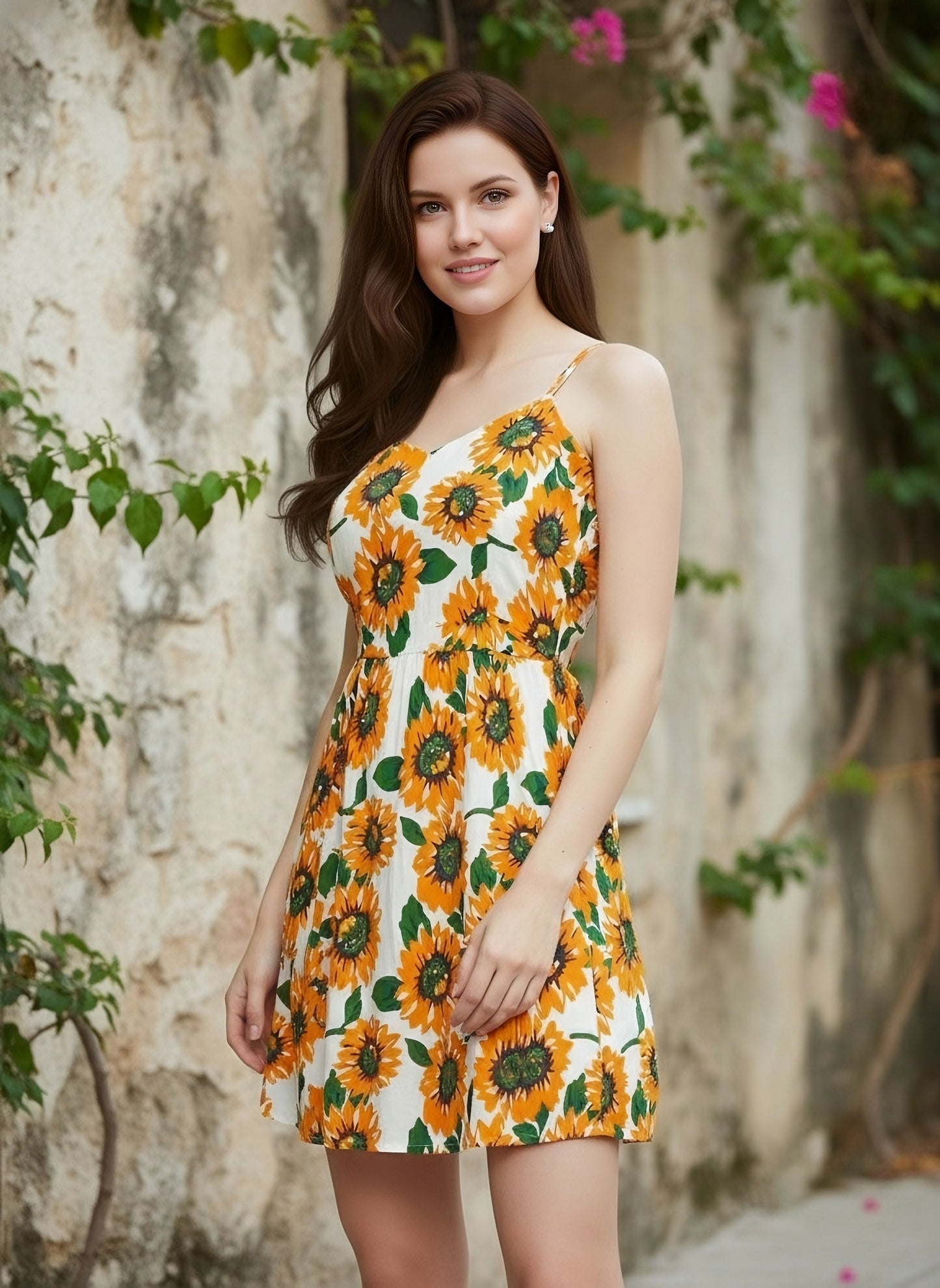 Berrylush Women Yellow & White Sunflower Printed Round Neck Flared Fit & Flare Mini Dress