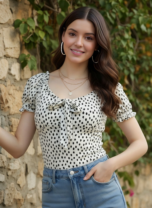 Berrylush Women White & Black Polka Dot Printed Halter Neck Cold-Shoulder Ruffled Regular Top