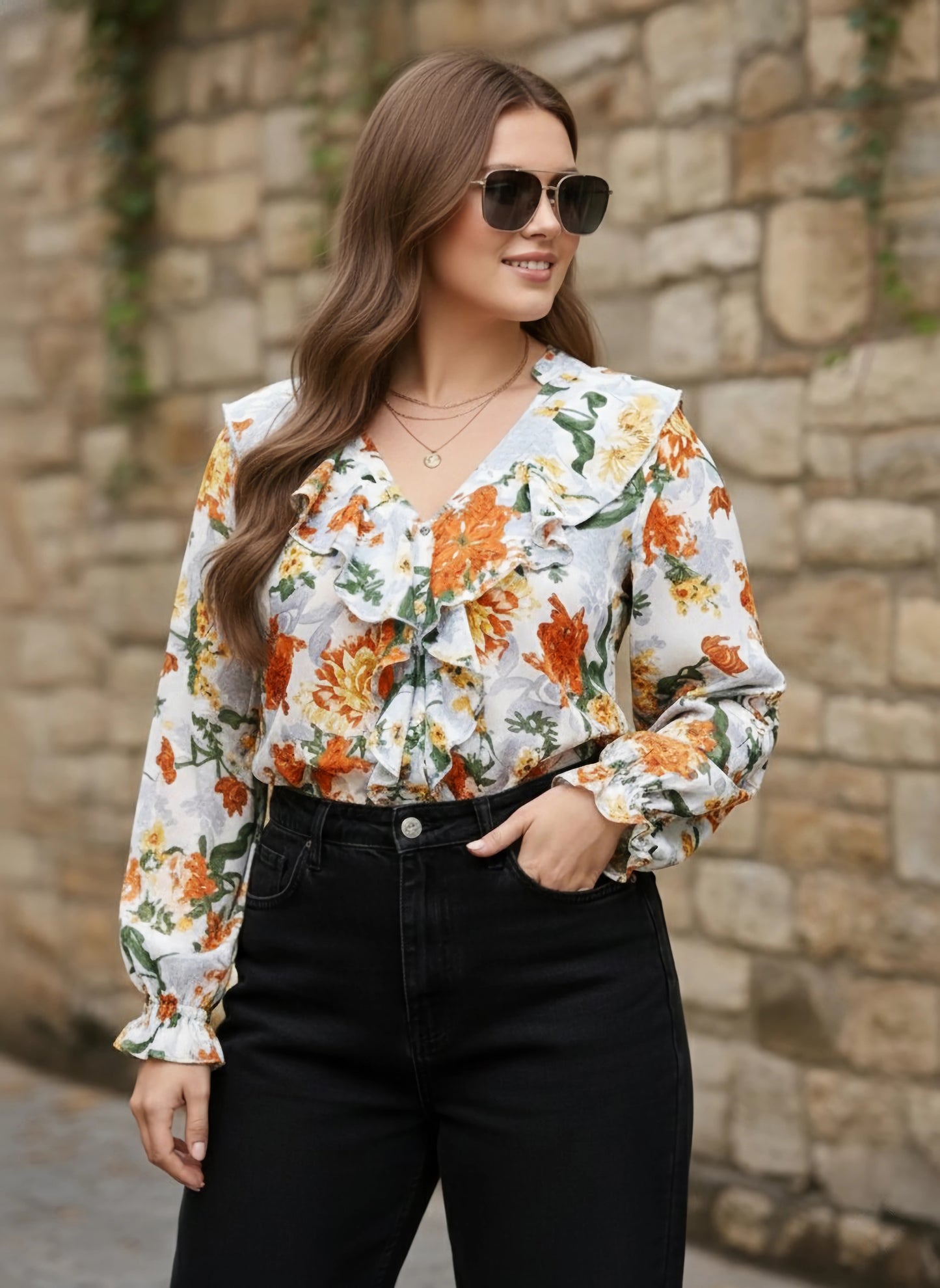Berrylush Women Plus Size Blue & Green Floral Printed V-Neck Button-Up Georgette Ruffled Regular Top