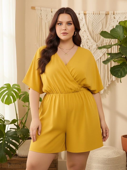 Berrylush Curve Women Solid Yellow V-Neck Cape Sleeves Cinched Waist Wrap Mini Jumpsuit