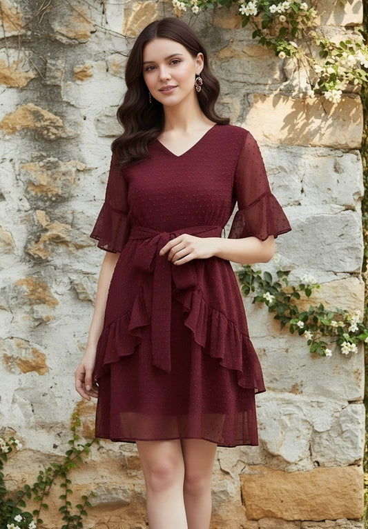 Berrylush Women Solid Maroon Self-Design Patterned V-Neck Layered Fit & Flare Mini Dress