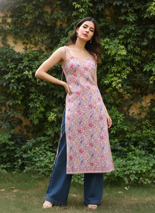Berrylush Women Pink & Purple Floral Printed Sweetheart Neck Tie-Up Strap Straight Midi Kurta
