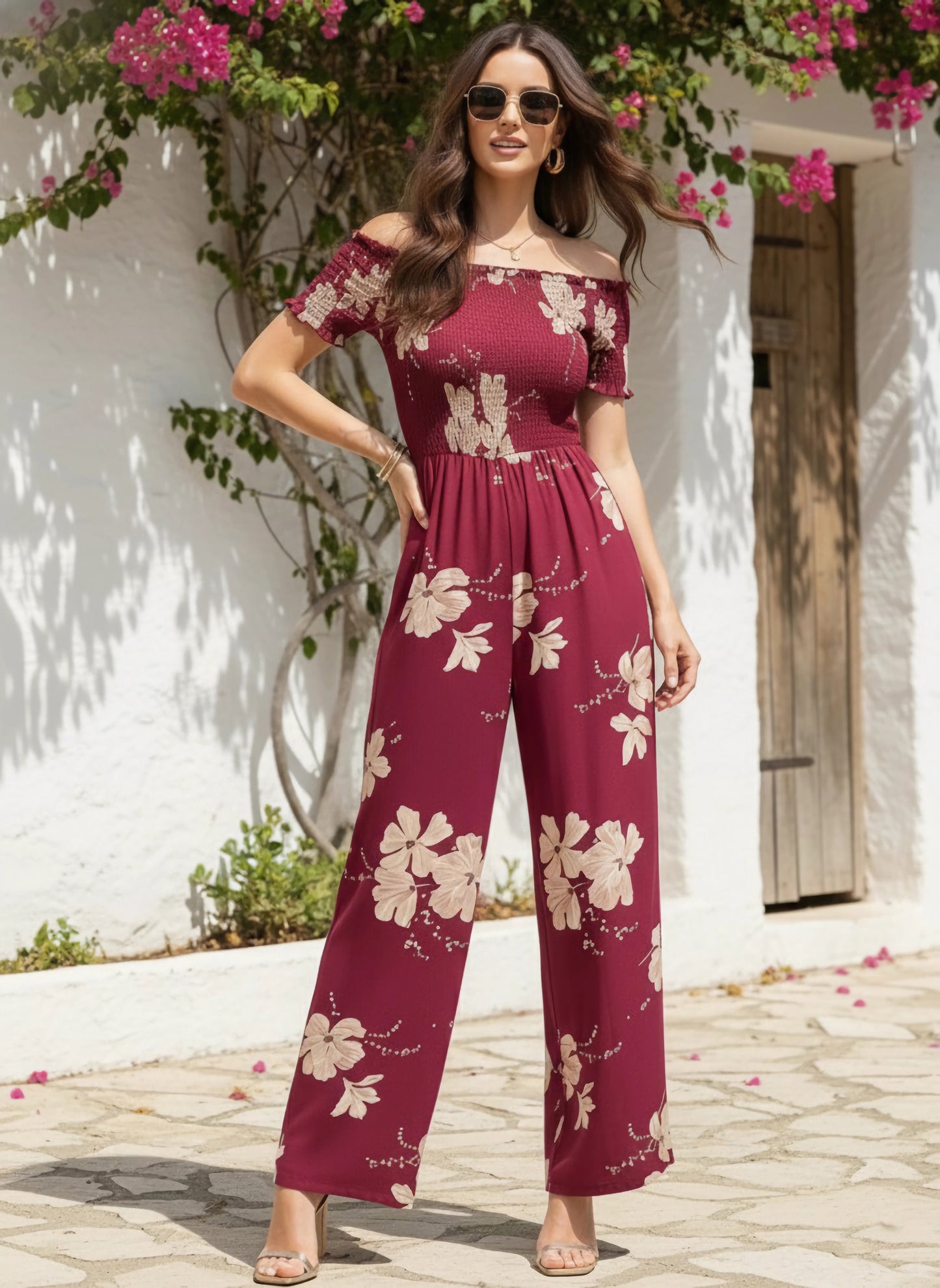 Berrylush Women Maroon & White Floral Printed Off-Shoulder Neck Short Sleeves Wide-Leg Straight Hem Smocked Maxi Jumpsuit