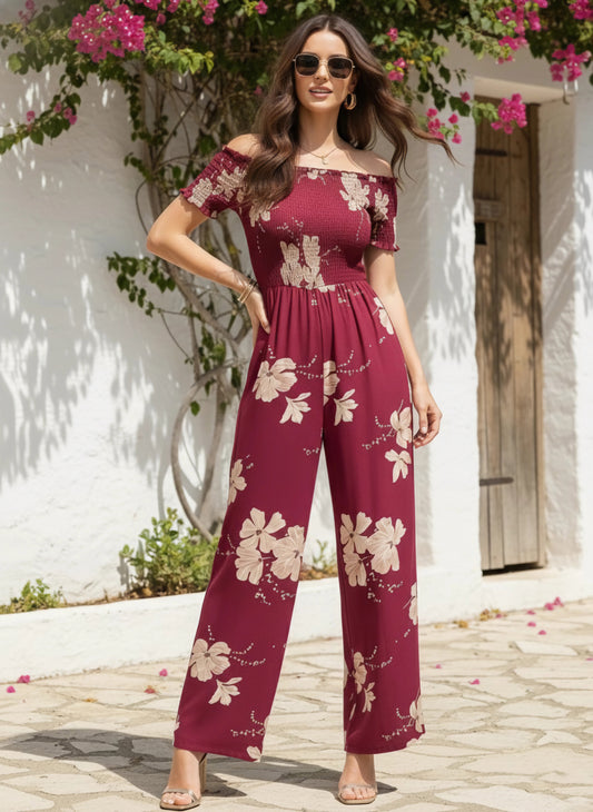 Berrylush Women Maroon & White Floral Printed Off-Shoulder Neck Short Sleeves Wide-Leg Straight Hem Smocked Maxi Jumpsuit