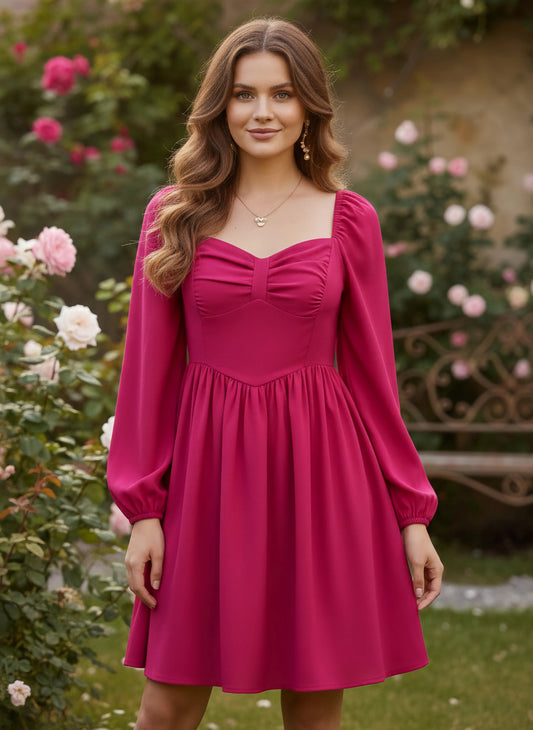 Berrylush Women Solid Pink Sweetheart Neck Puff Sleeves Back Zipper-Up Pleated Fit & Flare Mini Dress