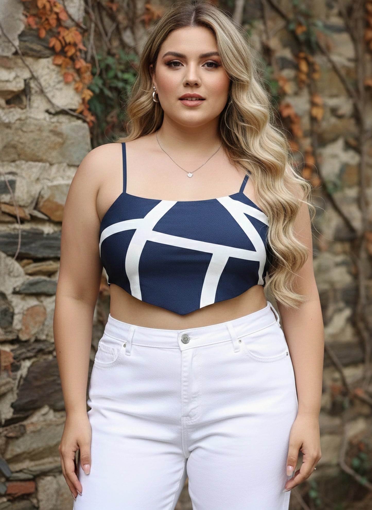 Plus Size Navy Blue & White Geometric Printed Square Neck Sleeveless Crepe Cropped Top