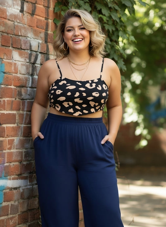 Berrylush Women Plus Size Black & Beige Animal Printed Square Neck Sleeveless Crepe Cropped Tank Top