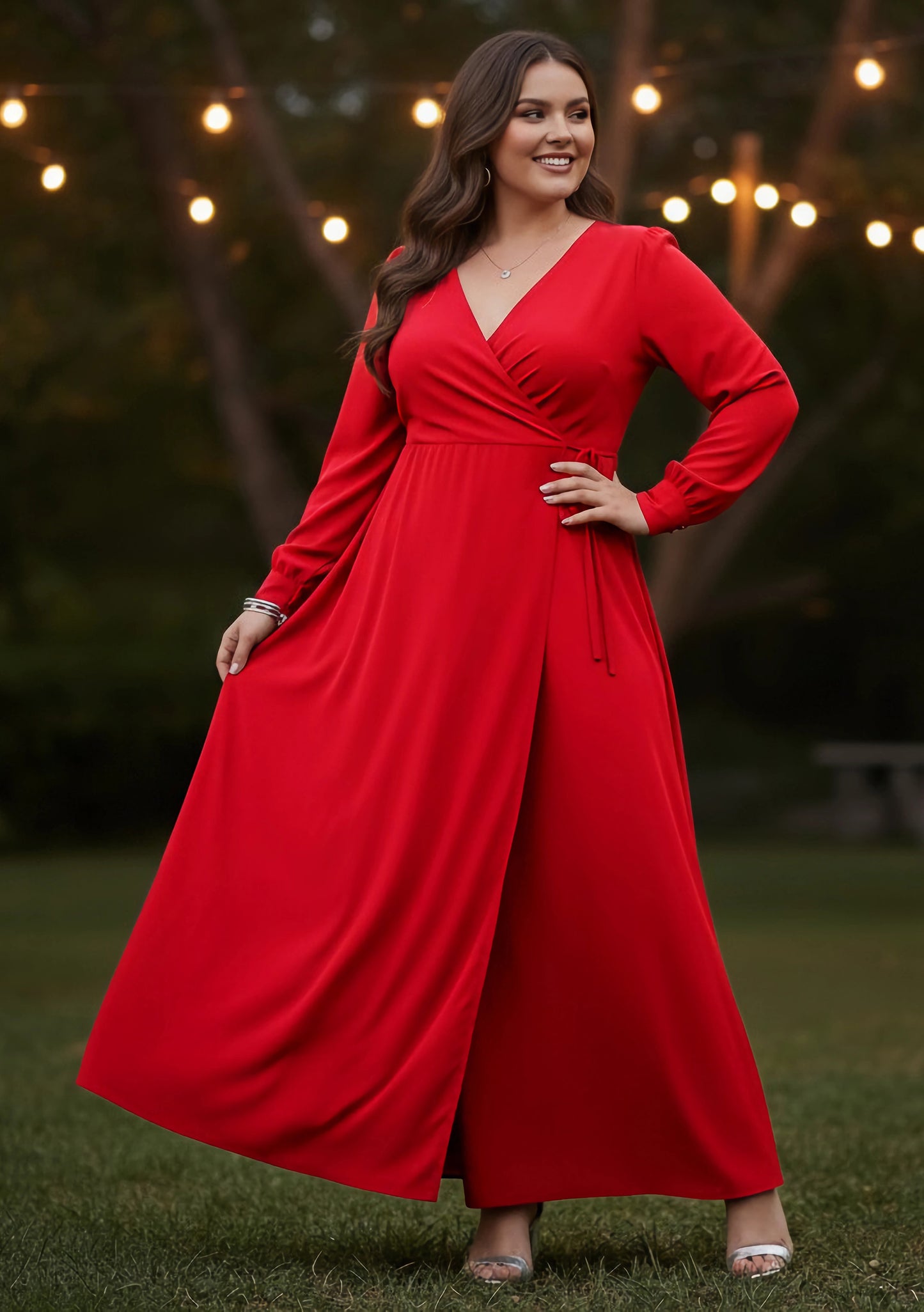 Berrylush Curve Women Solid Red V-Neck Cuff Sleeves Waist Tie-Up Pleated Maxi Dress