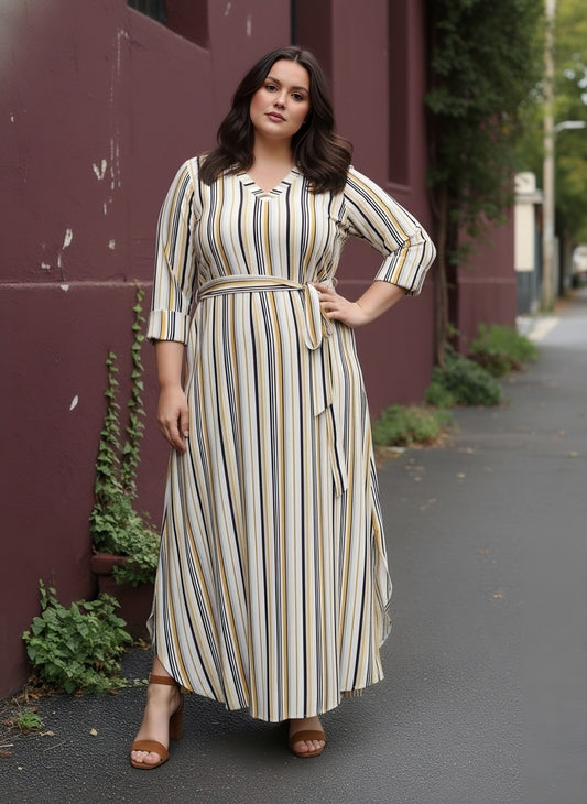 Berrylush Women Plus Size Multicolour Stripe Printed V-Neck Waist Tie-Up Crepe Curved Hem Maxi Dress