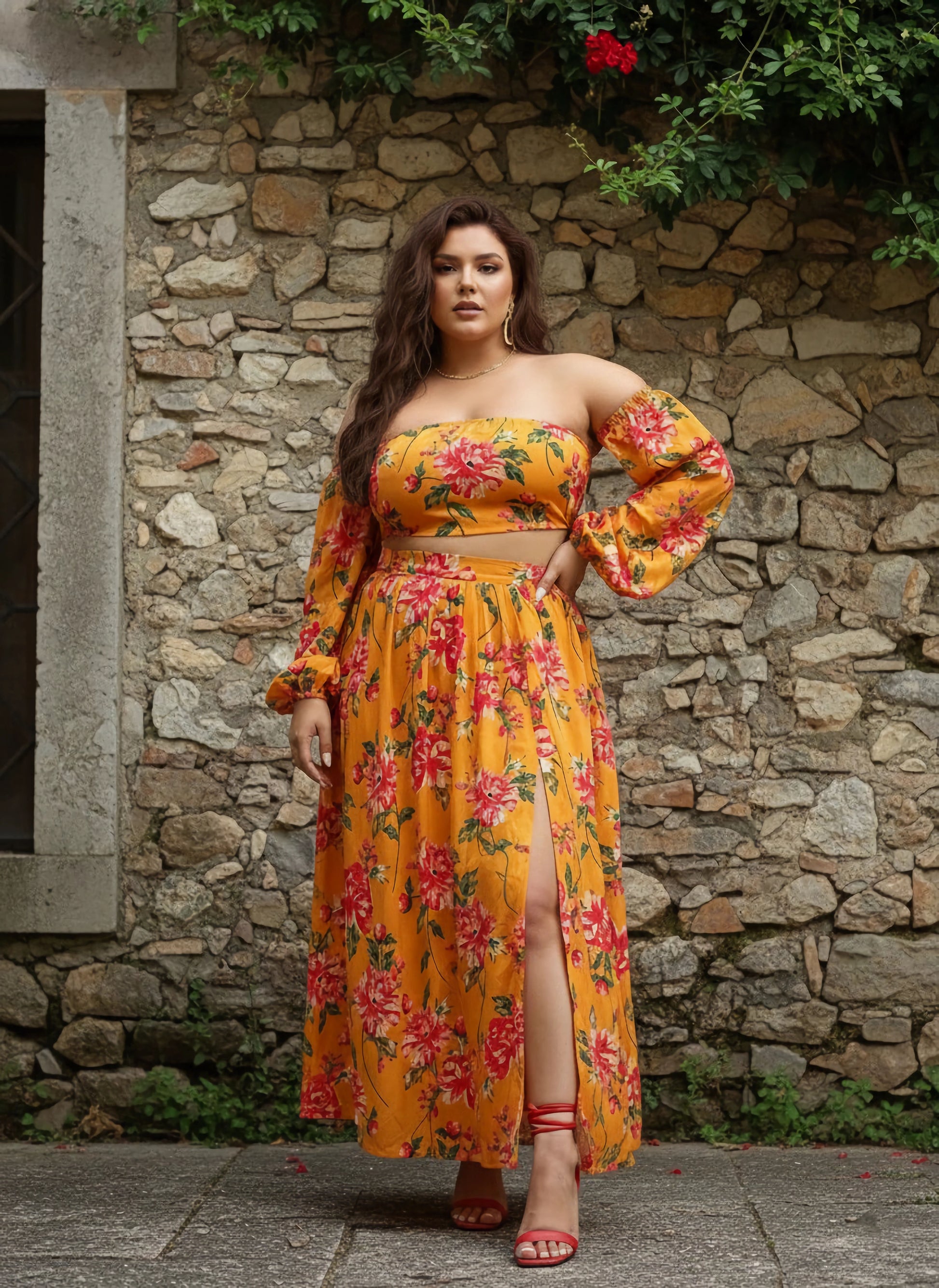 crop top maxi dress Women Plus Size Yellow & Red Floral Printed Off-Shoulder Neck Crop Top &  Slited Maxi Skirt Co-Ord Set