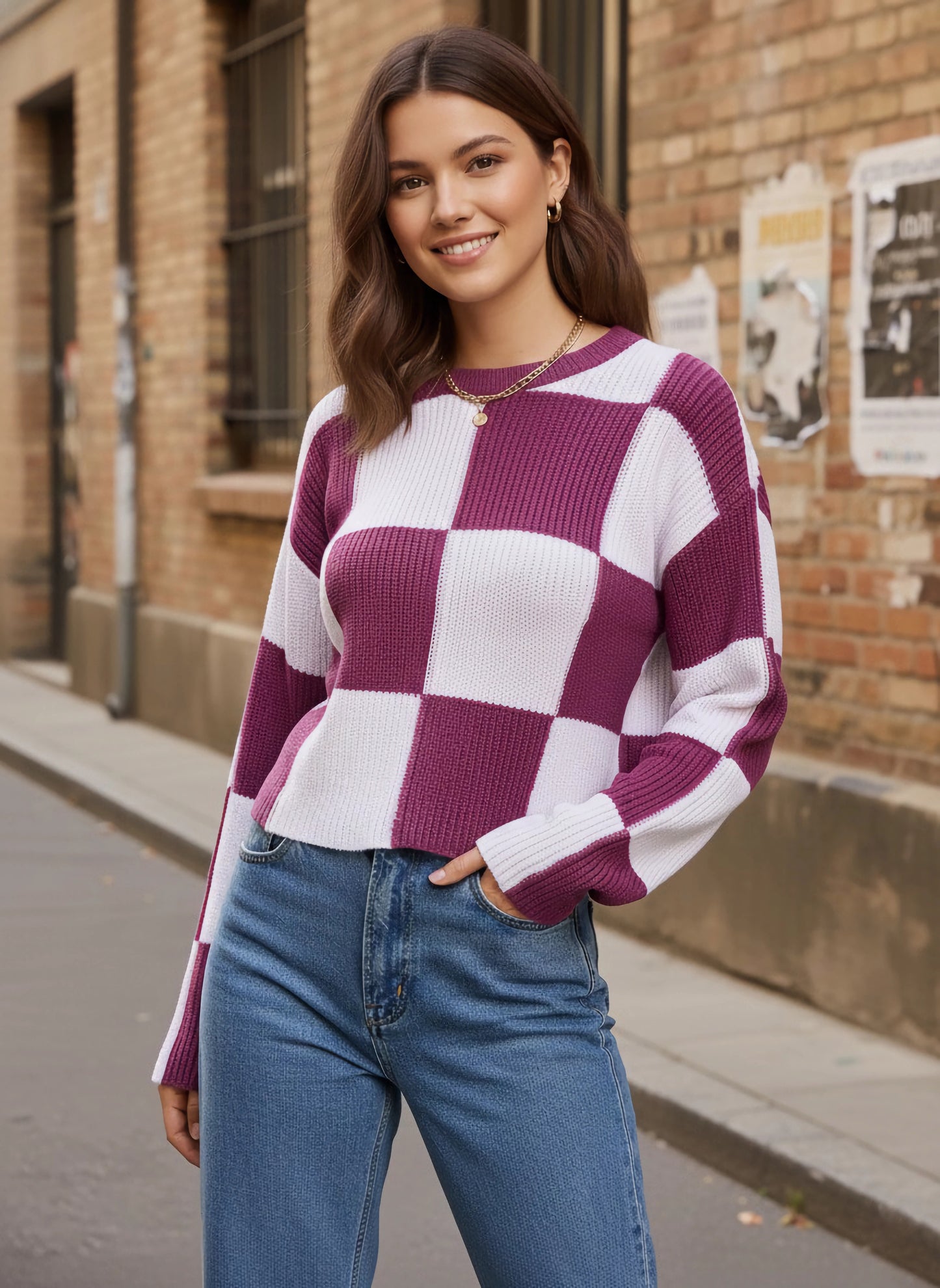 Berrylush Women Pink & White Checkered Pattern Round Neck Drop-Shoulder Sleeves Acrylic Straight Hem Knitted Regular Pullover