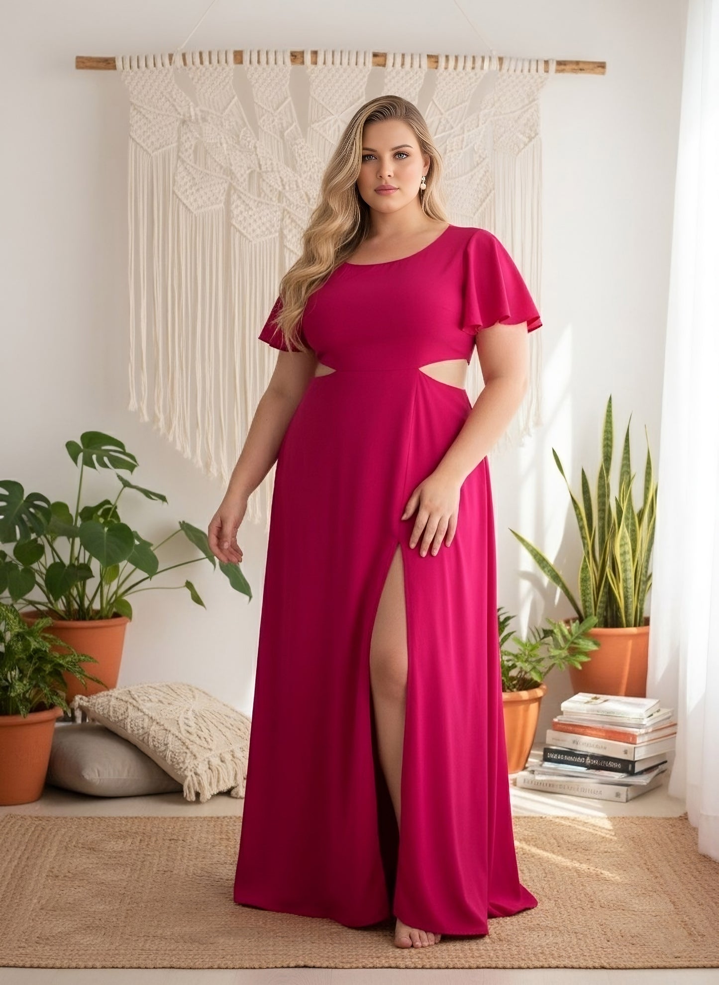 Berrylush Curve Women Solid Pink Round Neck Cut-Out Crepe Thigh-High Slit Fit & Flare Maxi Dress